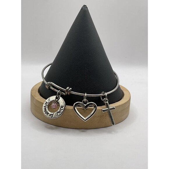 Woman Of Faith Silver-Tone Adjustable Bangle Bracelet With Heart & Cross Charms - Picture 1 of 4
